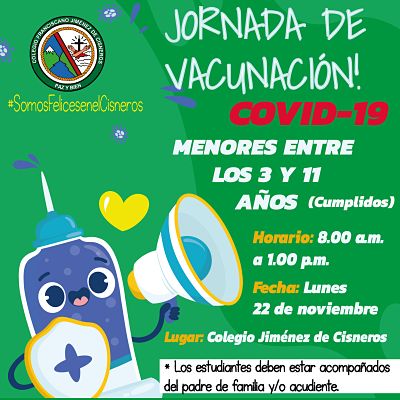 JORNADA DE VACUNACIÓN COVID-19 PARA MENORES ENTRE LOS 3 Y 11 AÑOS